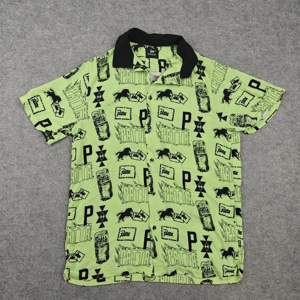 Patta Shirt Mens Large Green Graphic Print Rayon Short Sleeve Button Up Casual